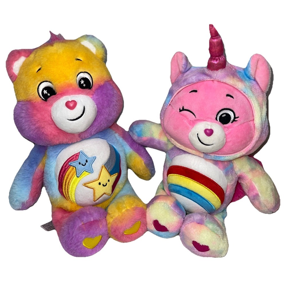 Care Bears Plush Tie-dye Lot 2 Dare to care Bear 14", Unicorn Cheer bear 15"